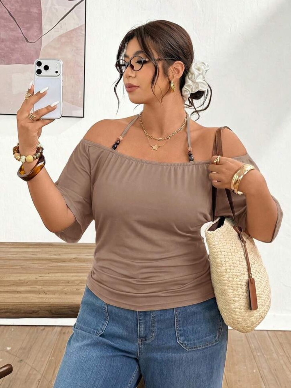 Lounesse Plus Size Women's Off-Shoulder Black T-Shirt With Beaded Tie Design